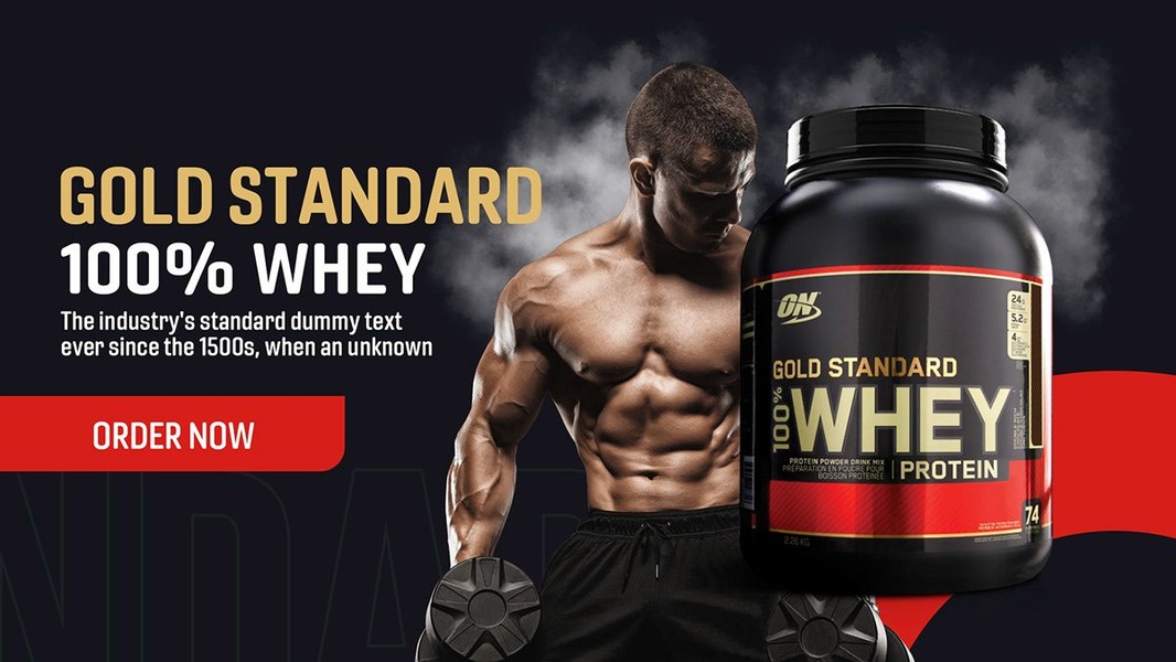 whey protein, protein powder, sports nutrition, muscle recovery, protein supplement, bestseller push, brand awareness, lifestyle, modern typography, bold, energetic, black, red, gold